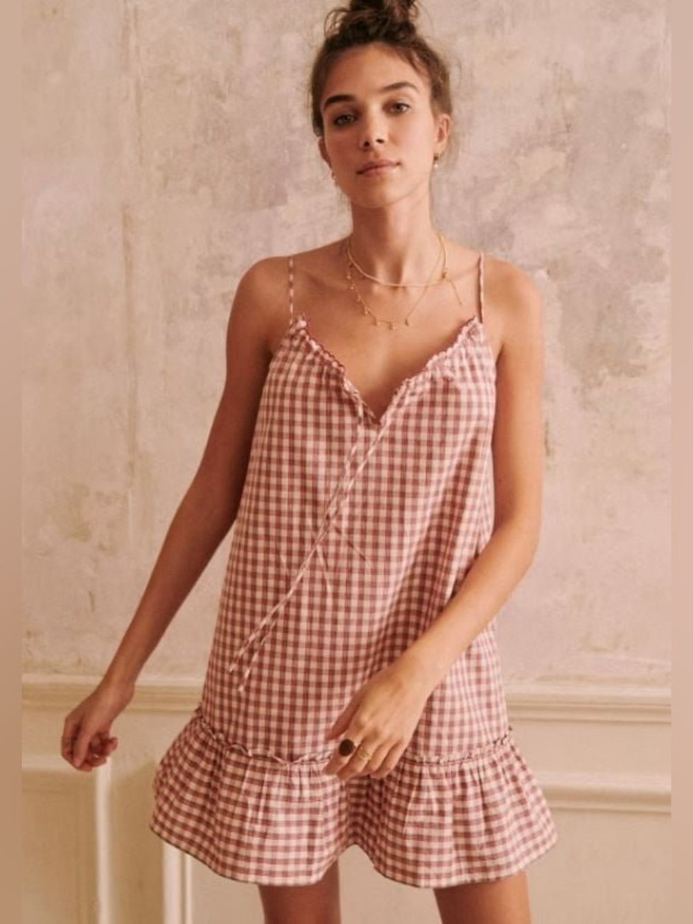 Sezane Victorine Nightdress Mini Dress Ruffle Trim Gingham Printed Plaid Pink